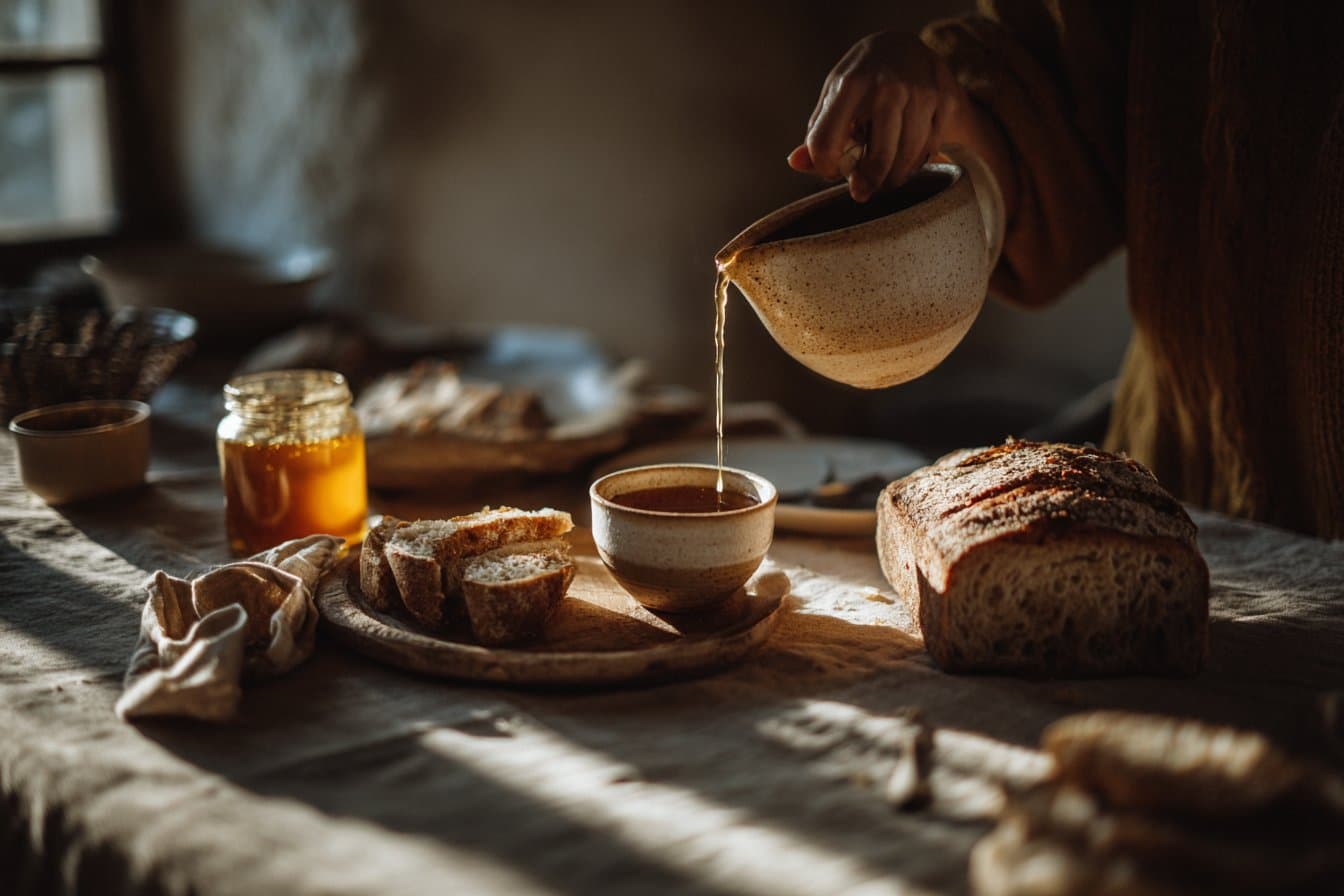 Rustikaler Frühstückstisch mit Honig und Sauerteigbrot