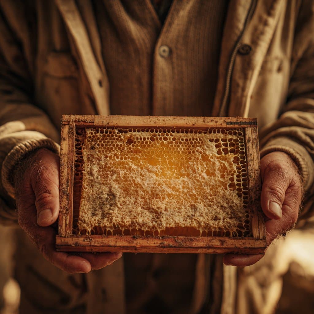 Hände des Imkers halten eine goldene Honigwabe